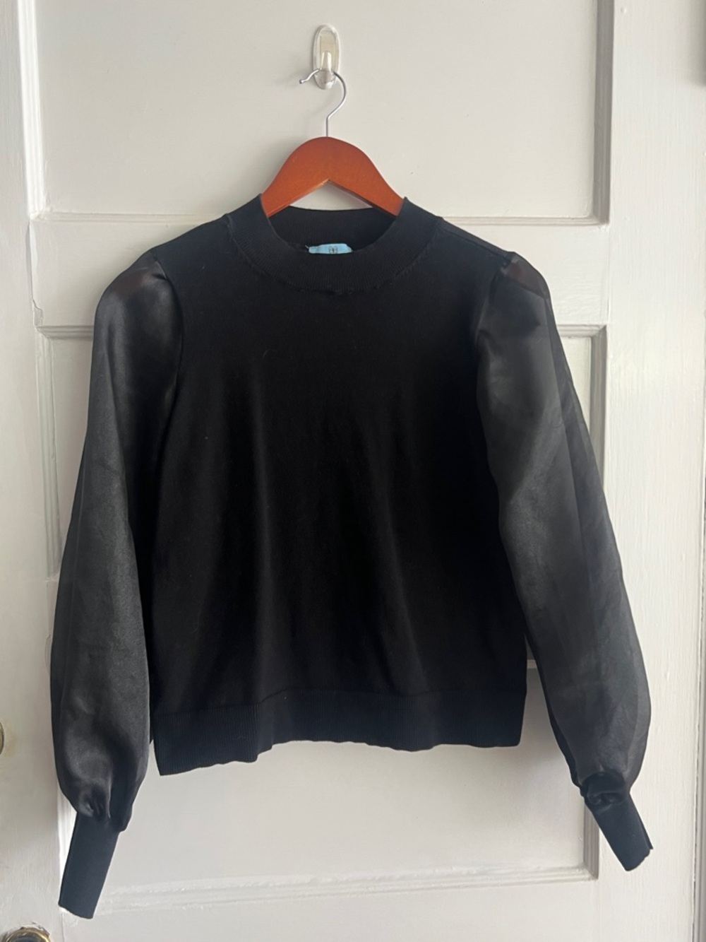 CeCe Black Crewneck Sweater with Faux Leather Puff Sleeves